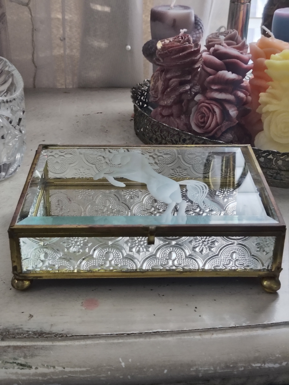 Vintage Brass & Embossed Glass Unicorn Jewelry Box Etched Frosted Glass Trinket